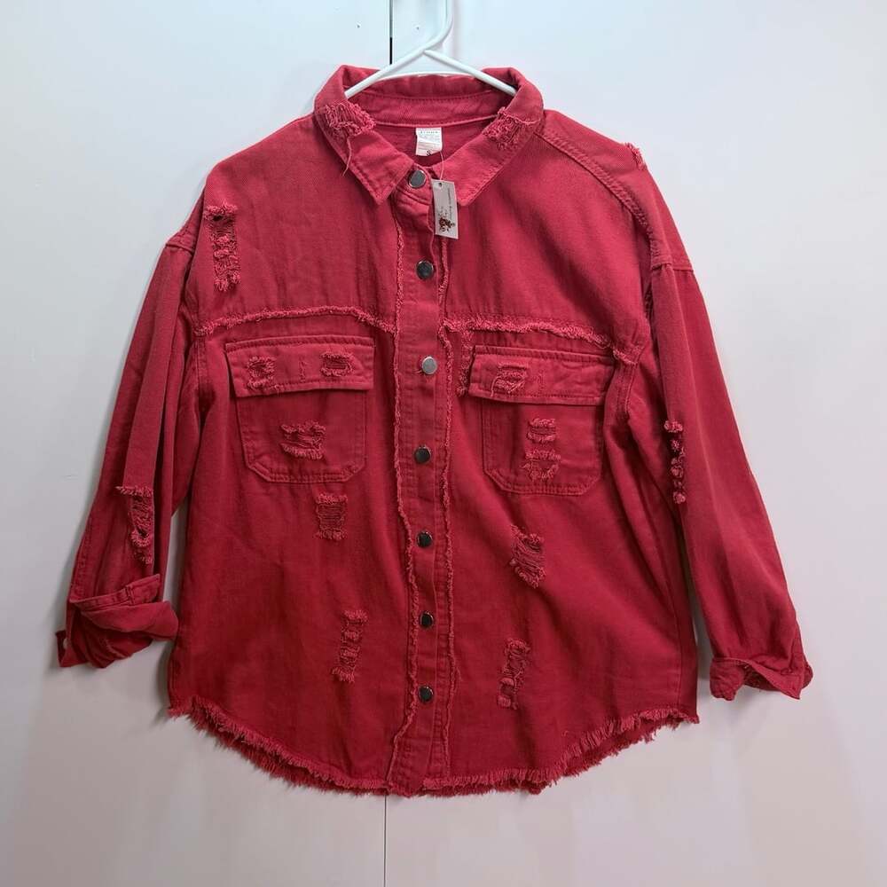 Shopaholic Distressed Denim Jacket Size S Red Shacket